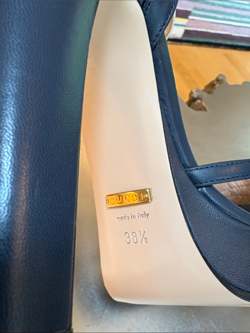 Gucci Navy and White Platform Ankle-Strap Heels Never Worn - Picture 6 of 6